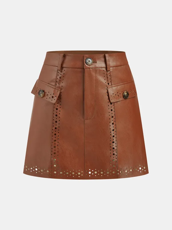 Belted Laser-cut Faux Leather Skirt sold by COMMENSE