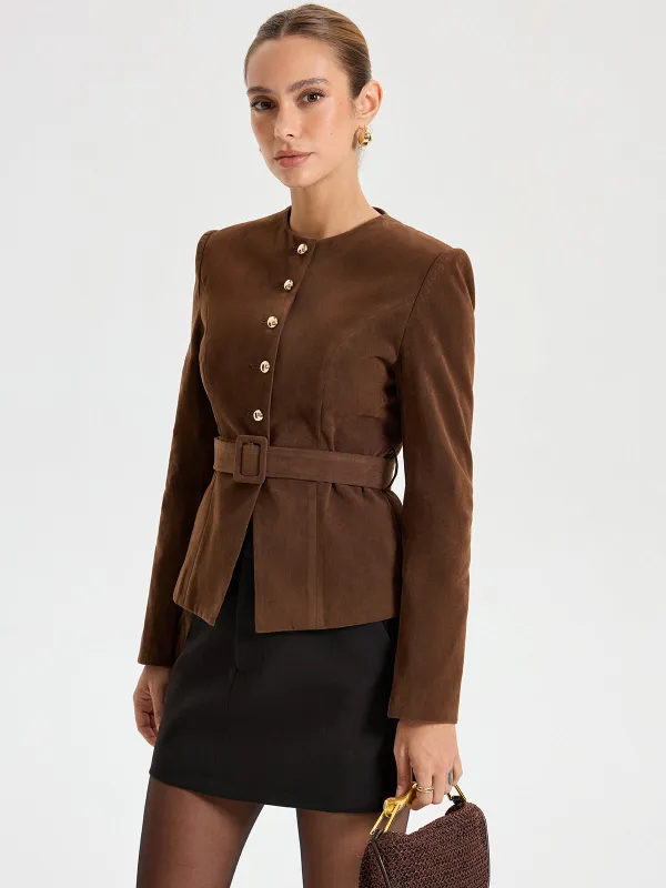 Suede Round Neckline Metal Button Blazer With Belt sold by COMMENSE