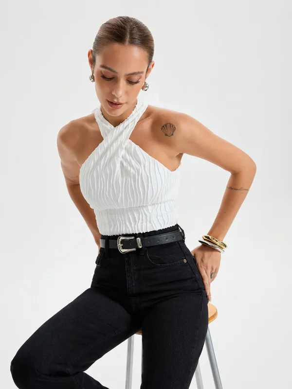 Textured Crisscross Halter Top sold by COMMENSE