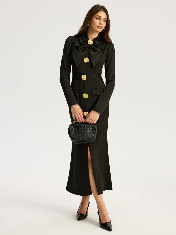 Bow-collar Long-Sleeved Dress with Metal Button sold by COMMENSE