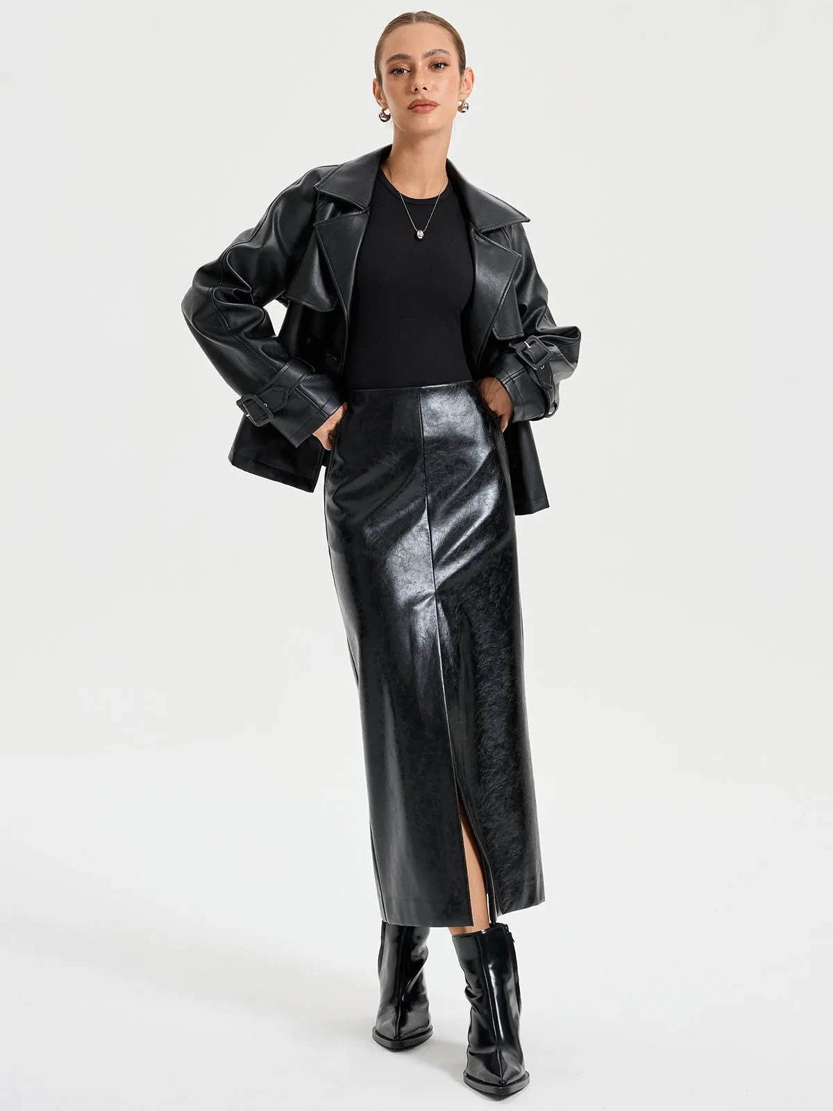 Belted PU Leather Jacket sold by COMMENSE product image thumbnail 4