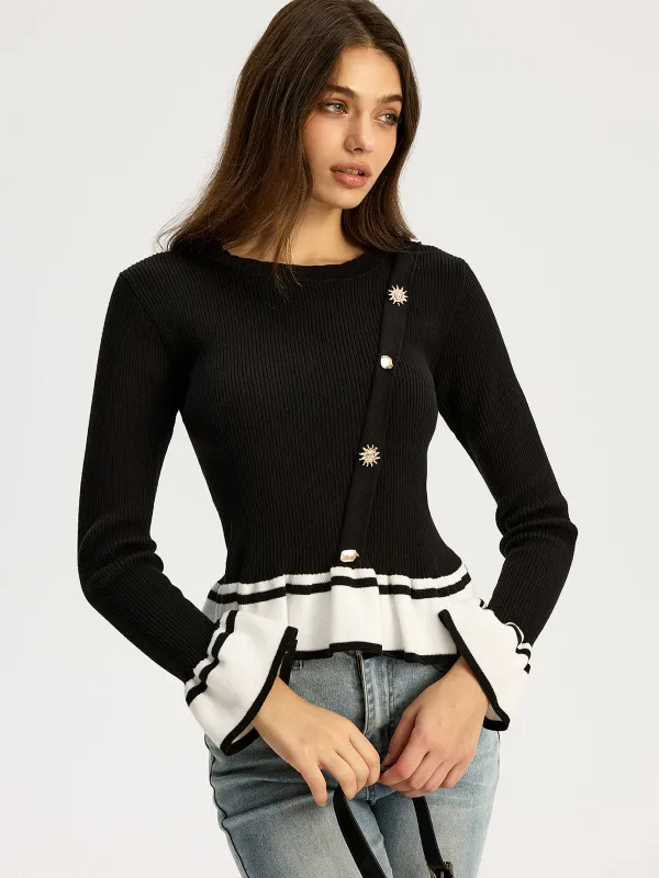 Contrast Ruffled Hem Sweater sold by COMMENSE