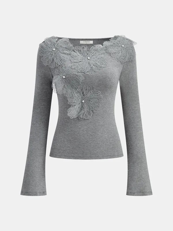 Faux Pearl Decor 3D Floral Fitted Soft Knit Top sold by COMMENSE