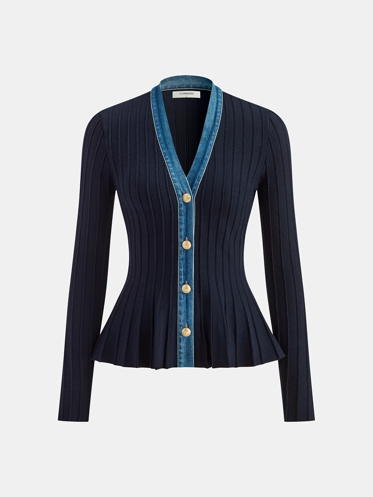 Denim Trim Knitted Peplum Cardigan sold by COMMENSE