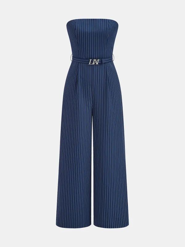 Transparent Strap Belted Pinstripe Jumpsuit sold by COMMENSE