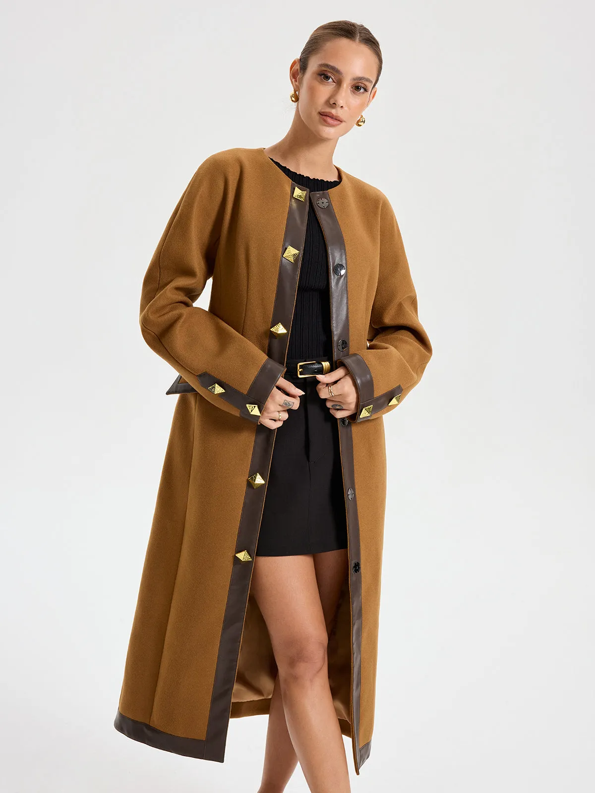 Faux Leather Trim Tweed Long Coat sold by COMMENSE product image thumbnail 3
