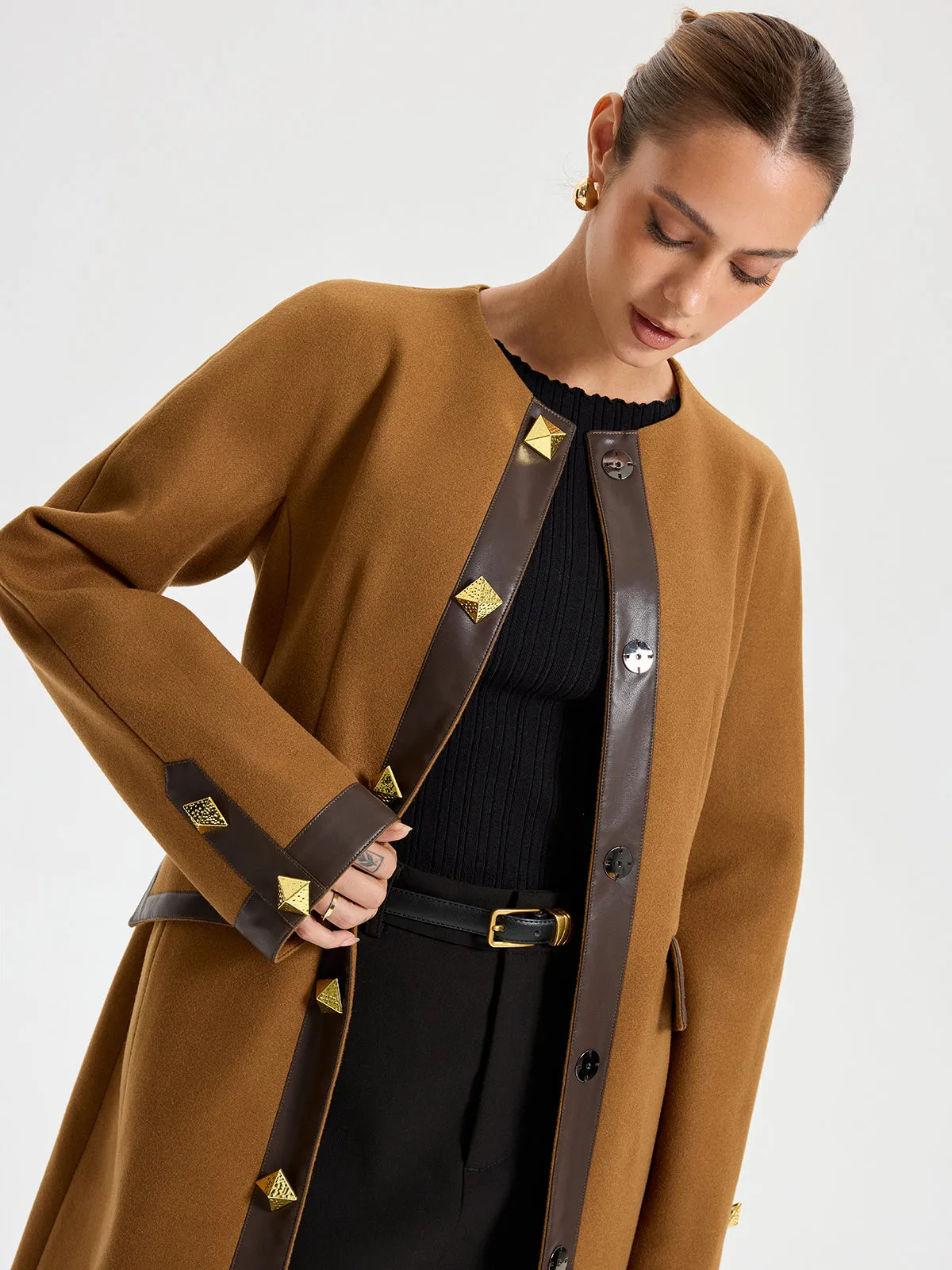 Faux Leather Trim Tweed Long Coat sold by COMMENSE product image thumbnail 4