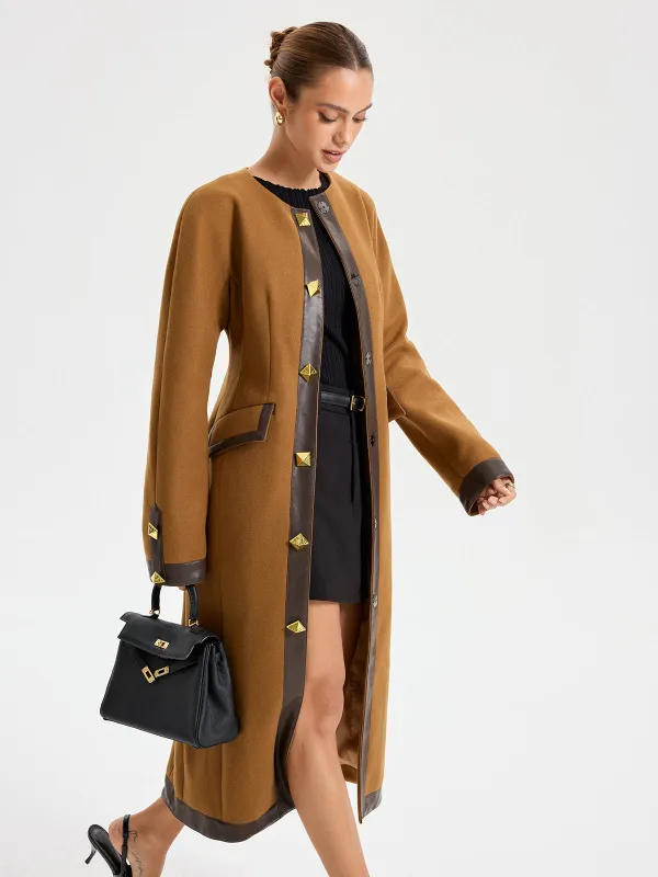Faux Leather Trim Tweed Long Coat sold by COMMENSE
