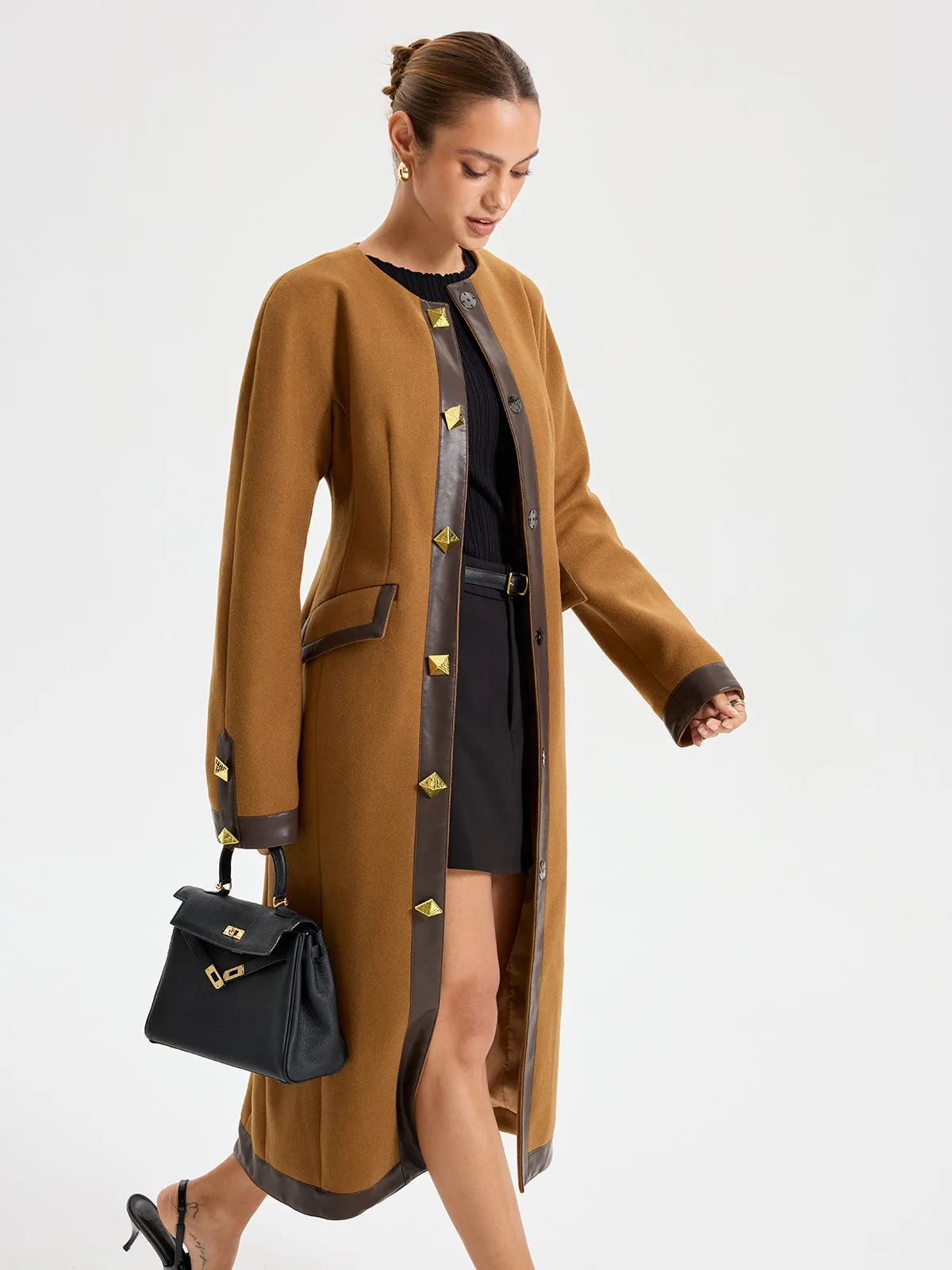 Faux Leather Trim Tweed Long Coat sold by COMMENSE