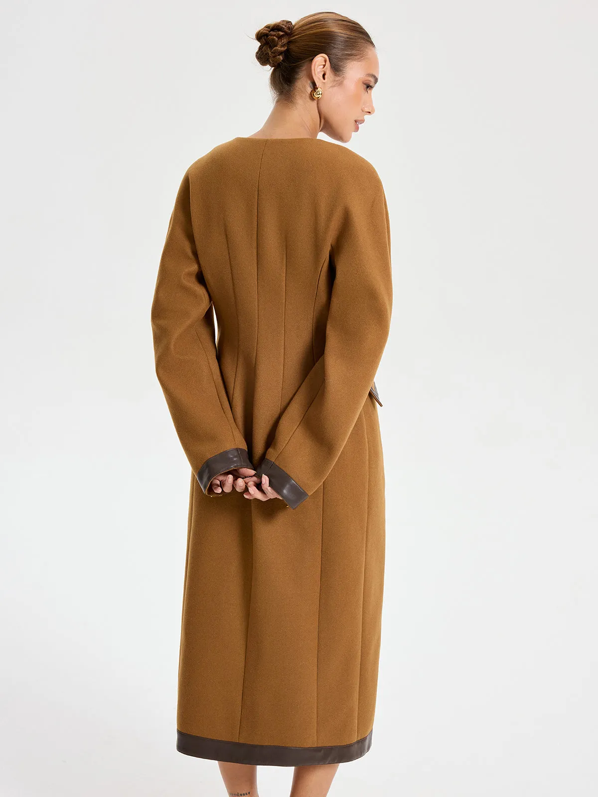 Faux Leather Trim Tweed Long Coat sold by COMMENSE product image thumbnail 5