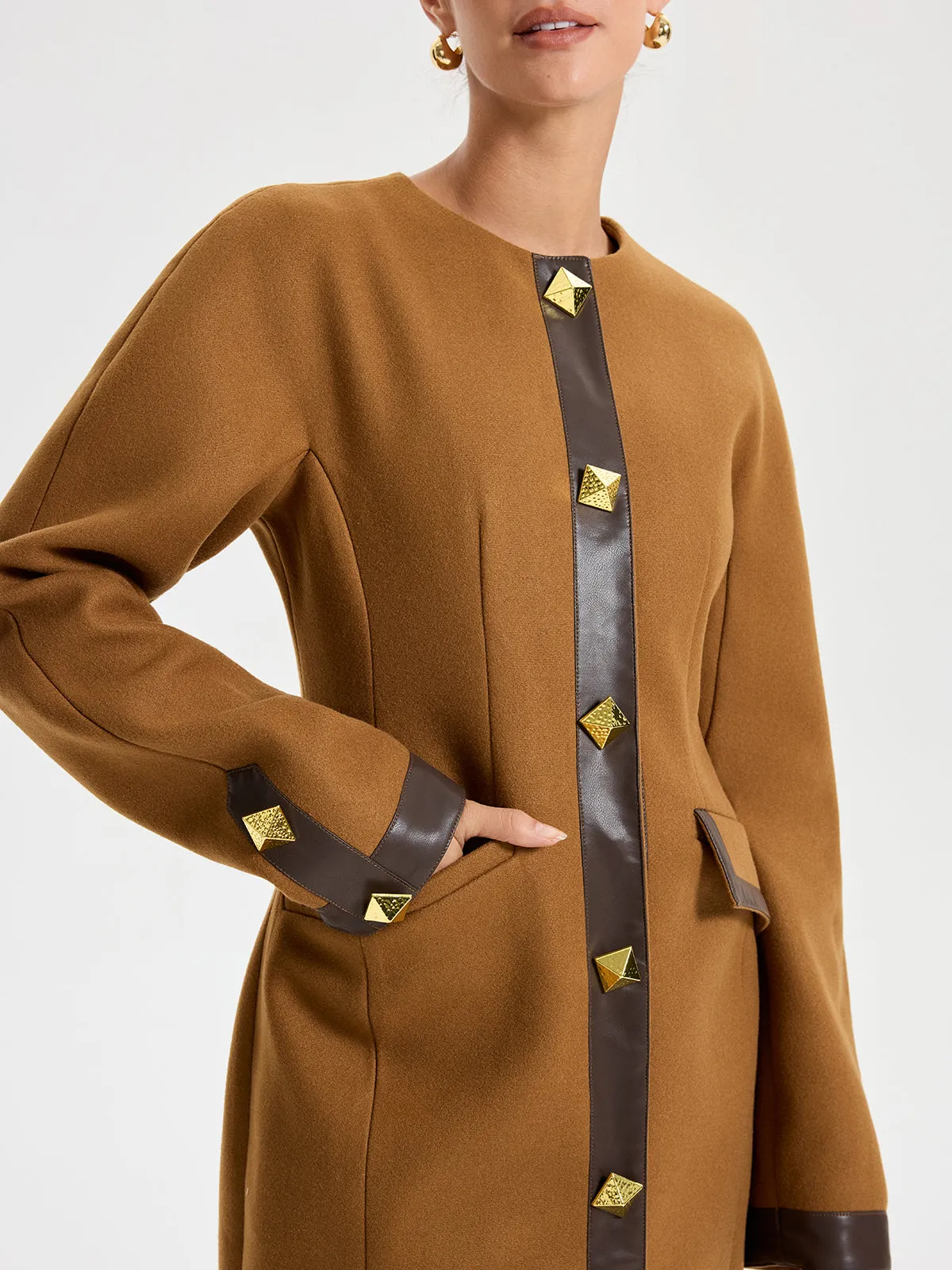 Faux Leather Trim Tweed Long Coat sold by COMMENSE product image thumbnail 2