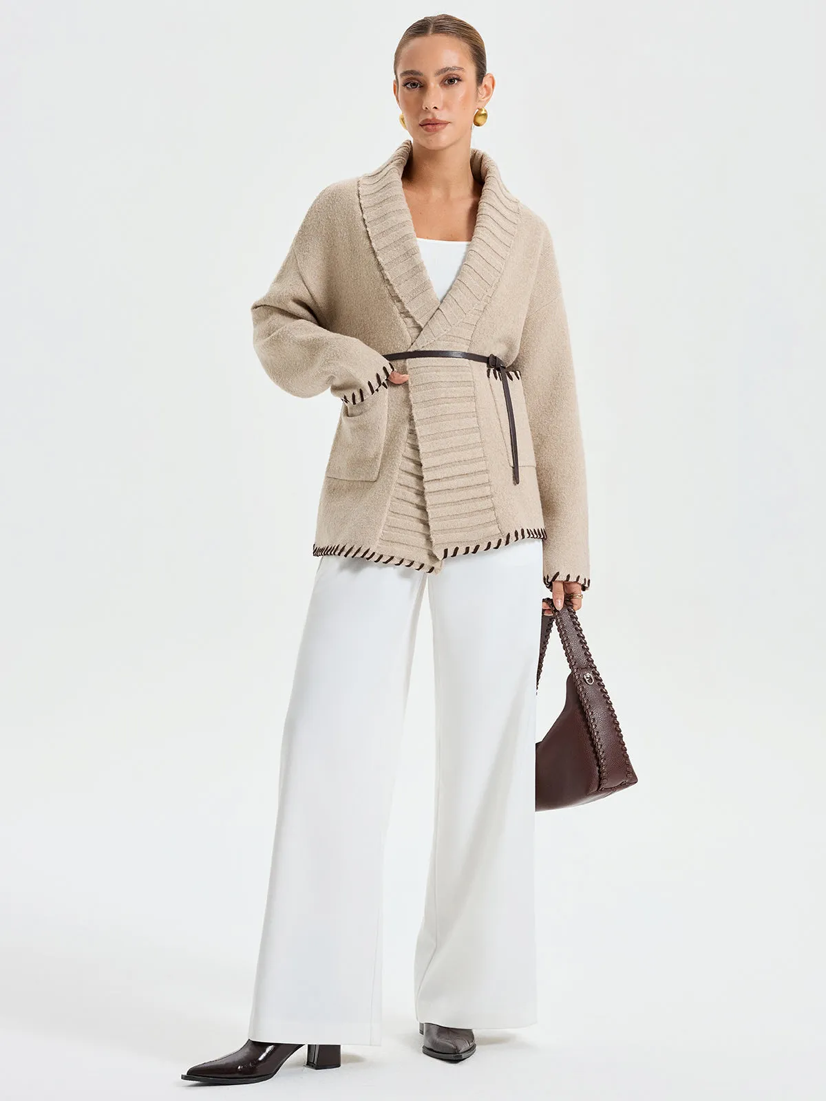 Contrast Stitched Shawl Collar Belted Knit Outerwear sold by COMMENSE product image thumbnail 2