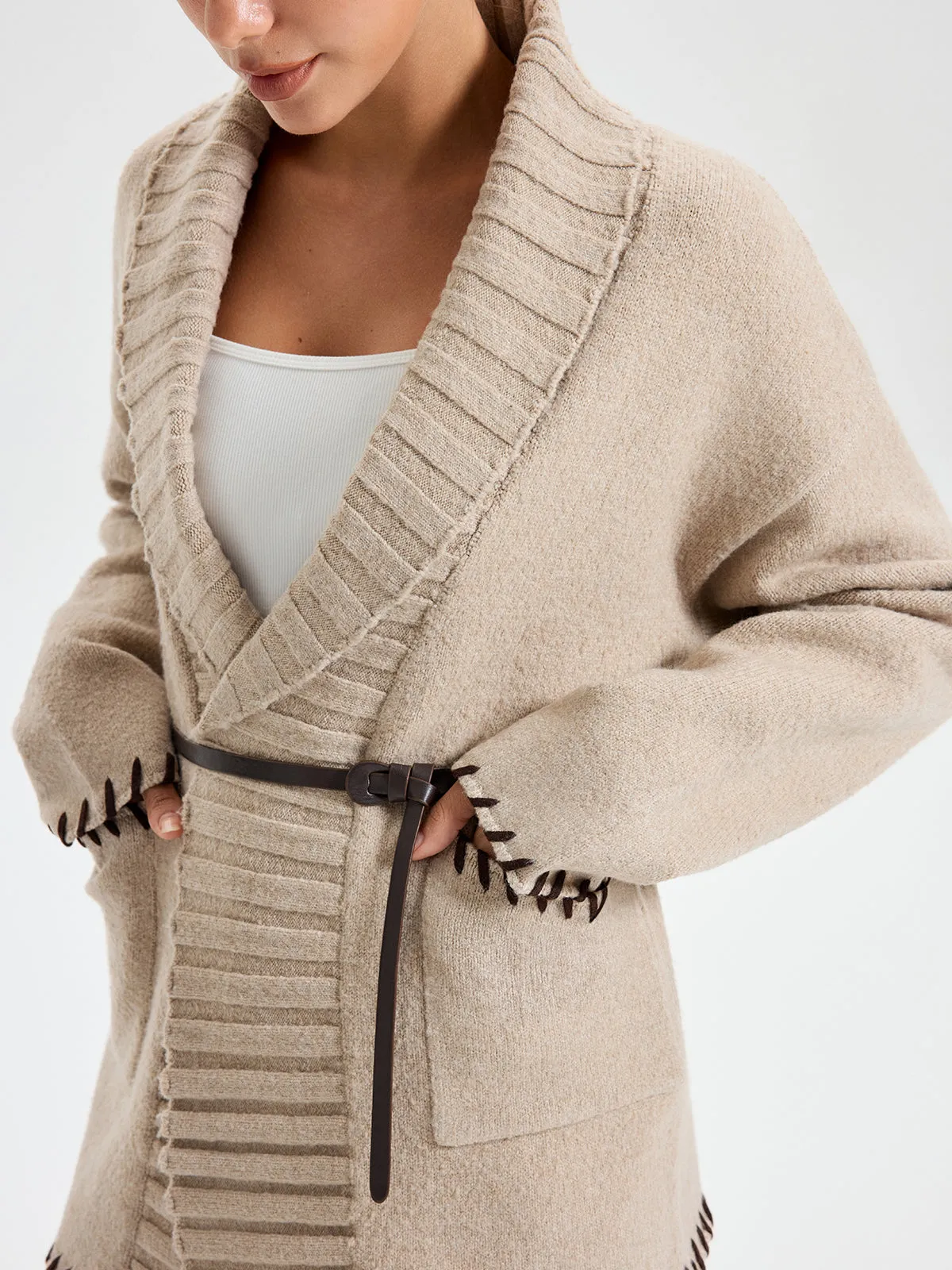 Contrast Stitched Shawl Collar Belted Knit Outerwear sold by COMMENSE product image thumbnail 5