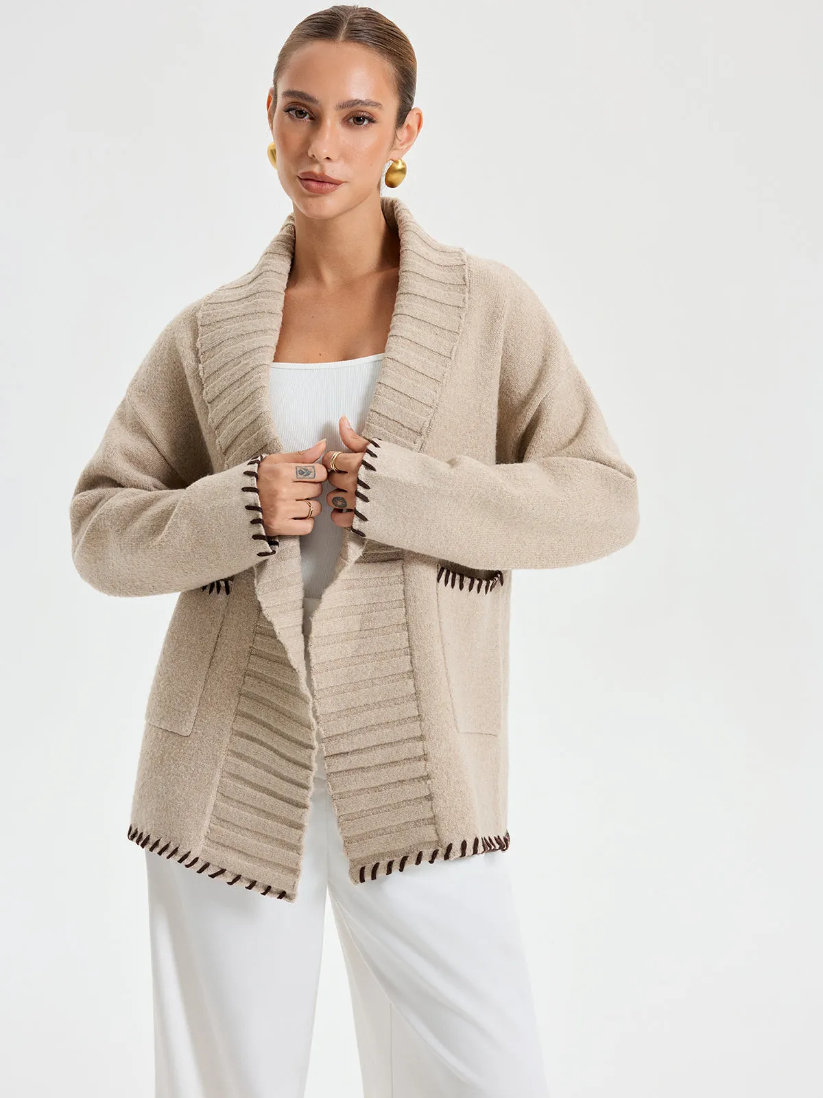Contrast Stitched Shawl Collar Belted Knit Outerwear sold by COMMENSE product image thumbnail 3