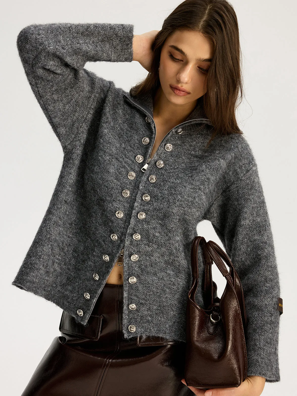 Double-breasted Stand-up Collar Zipper Cardigan sold by COMMENSE