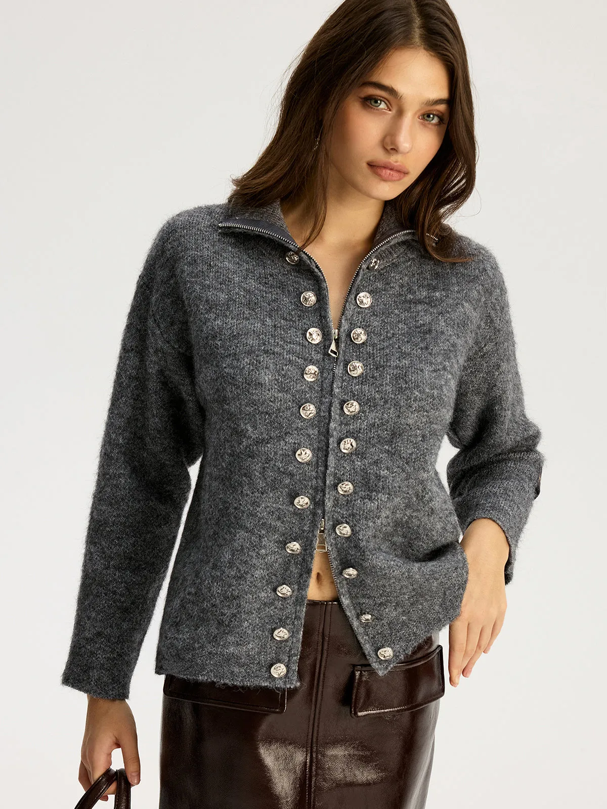 Double-breasted Stand-up Collar Zipper Cardigan sold by COMMENSE product image thumbnail 5