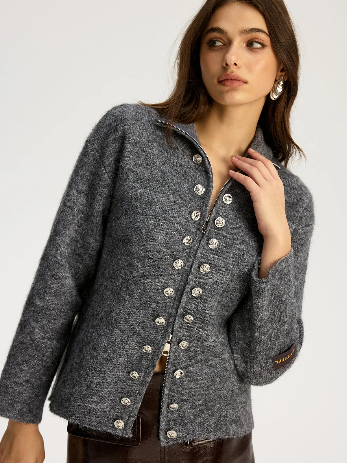Double-breasted Stand-up Collar Zipper Cardigan sold by COMMENSE product image thumbnail 3