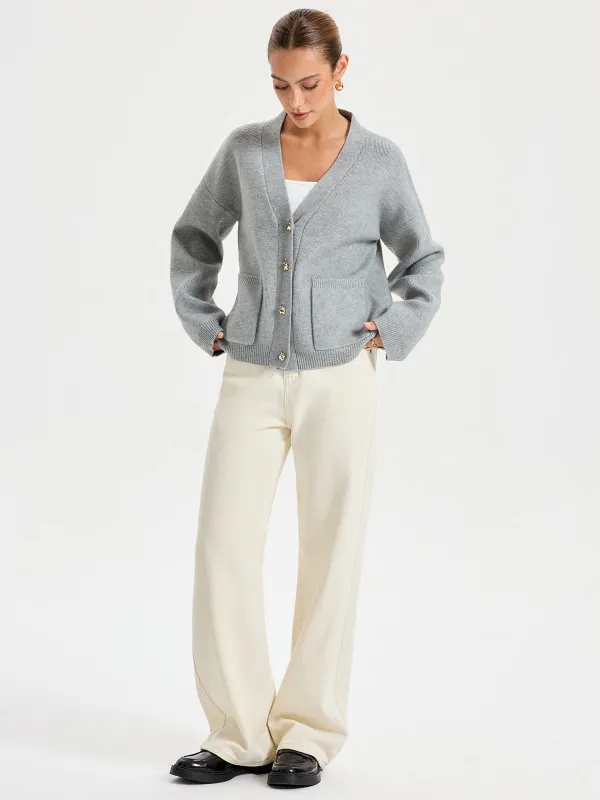 V-Neck Pocketed Metal Button Cardigan sold by COMMENSE