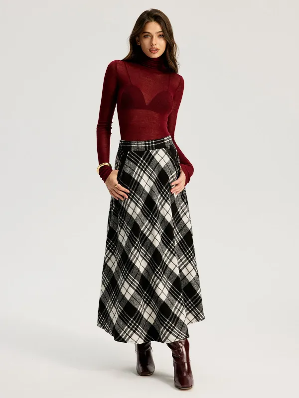 High Waist Line Flared Plaid Long Skirt sold by COMMENSE