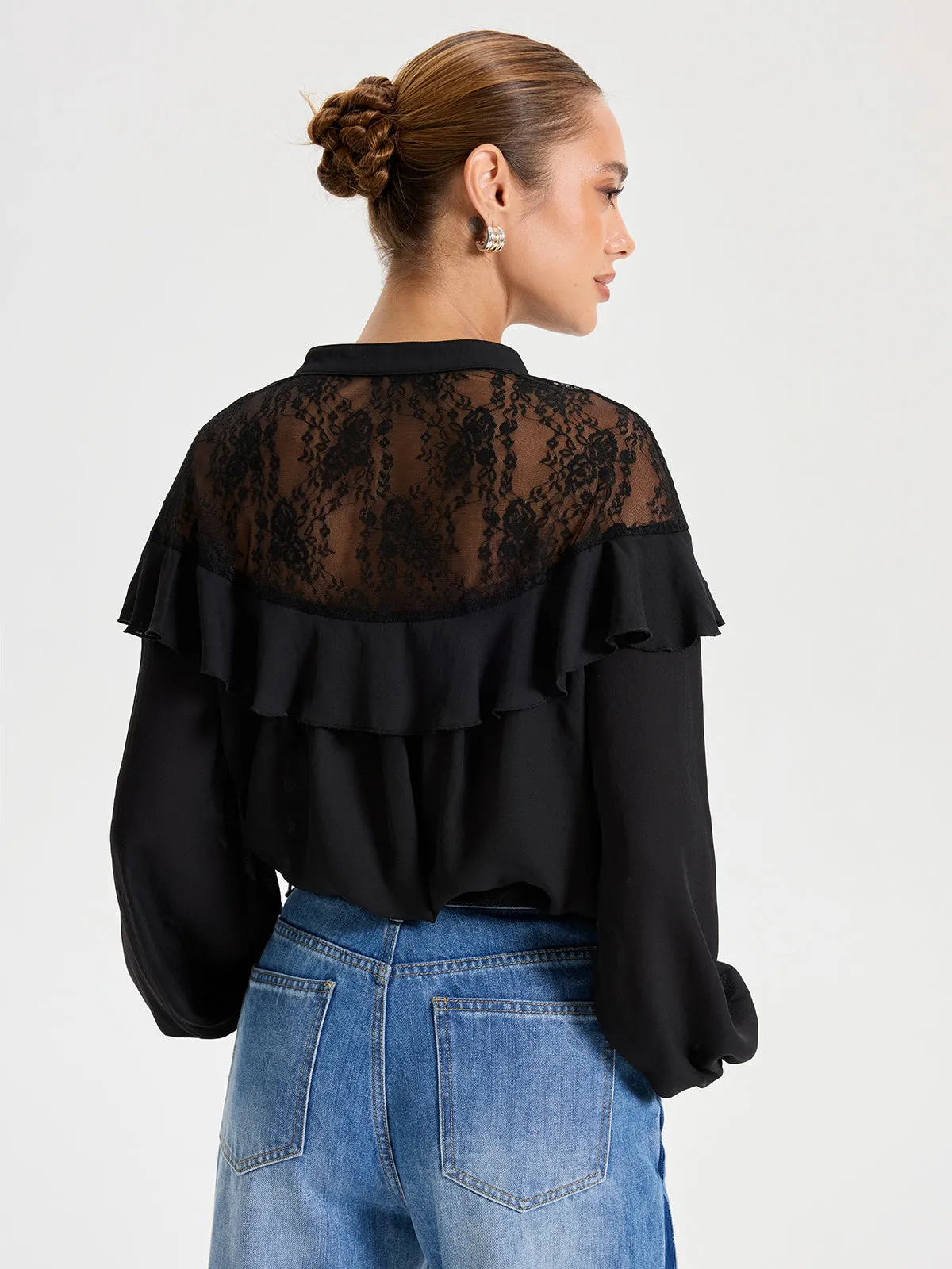 Black Lace Detailed Long Sleeve Blouse sold by COMMENSE product image thumbnail 5