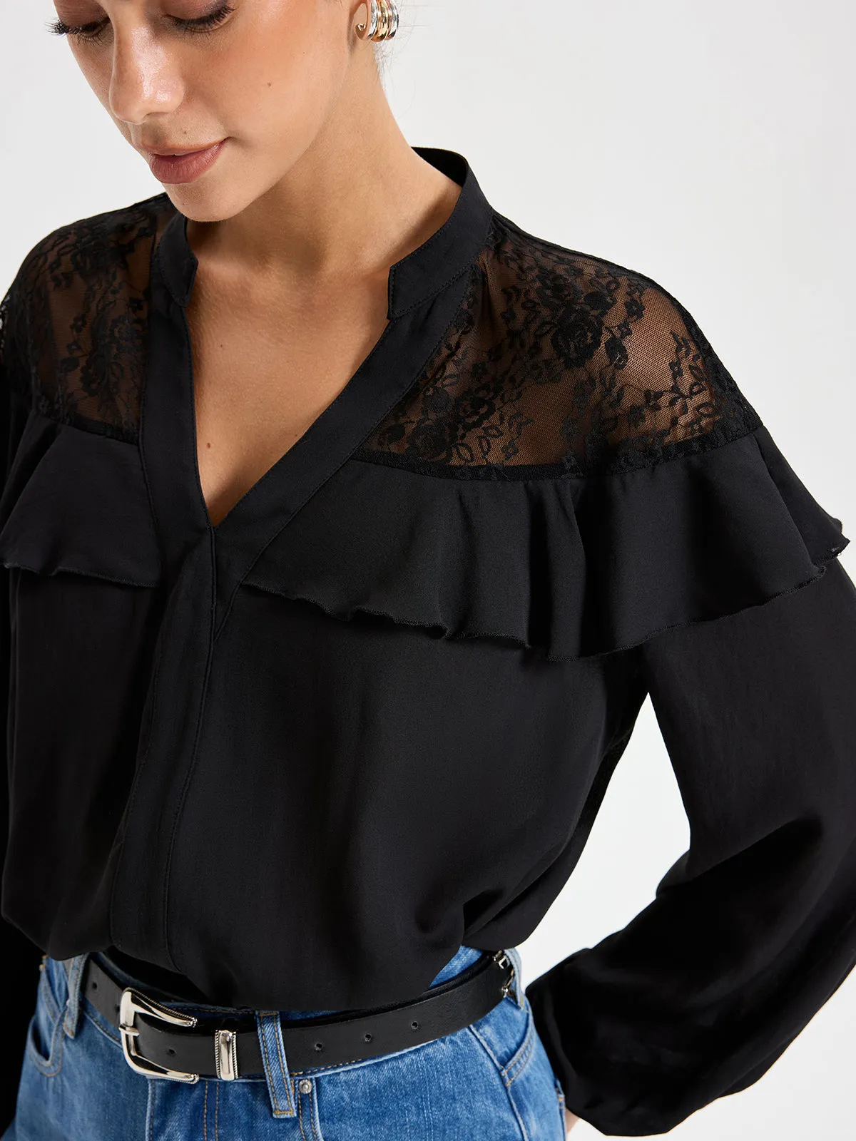 Black Lace Detailed Long Sleeve Blouse sold by COMMENSE product image thumbnail 2