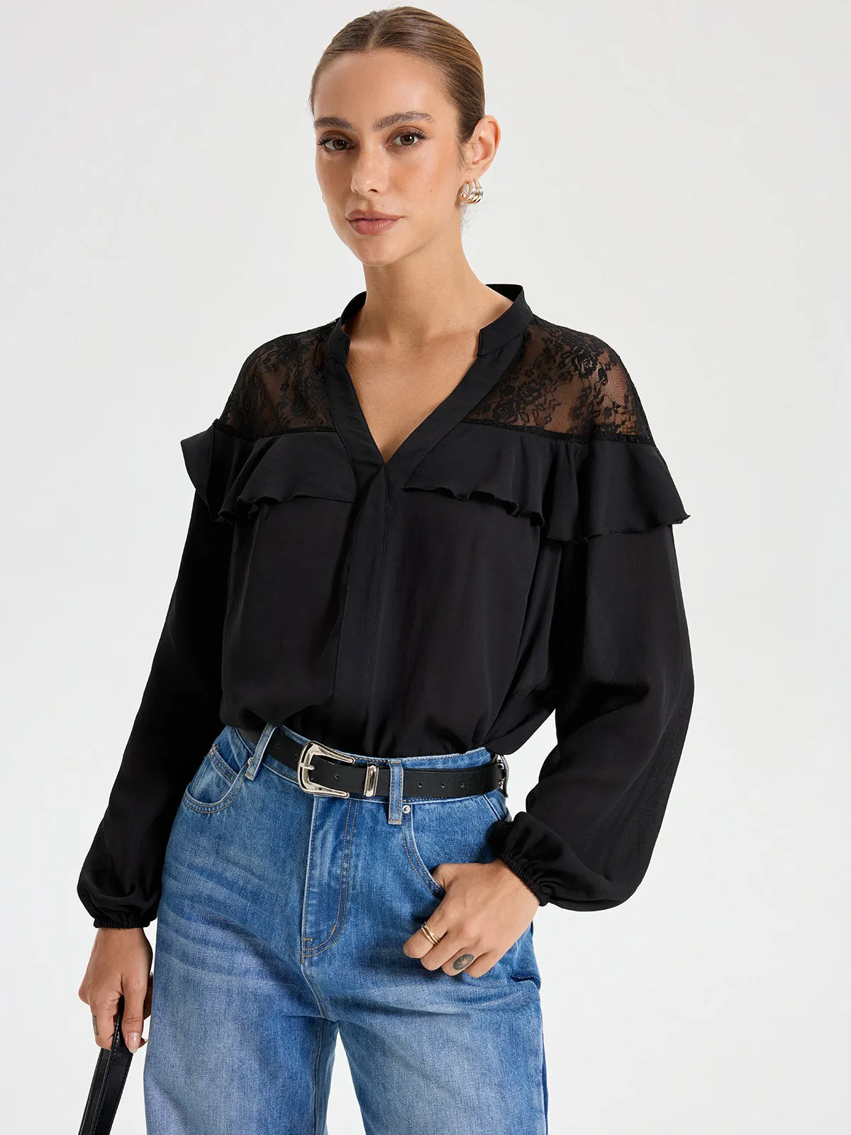 Black Lace Detailed Long Sleeve Blouse sold by COMMENSE product image thumbnail 4