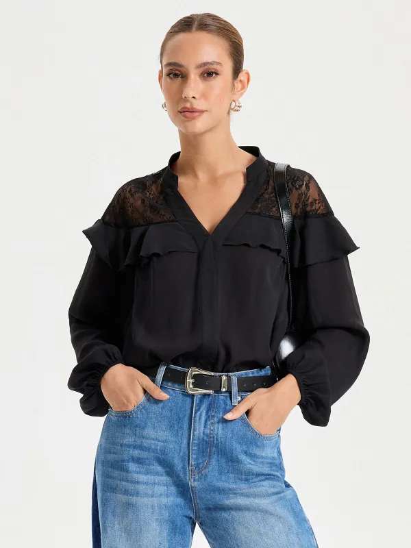 Black Lace Detailed Long Sleeve Blouse sold by COMMENSE