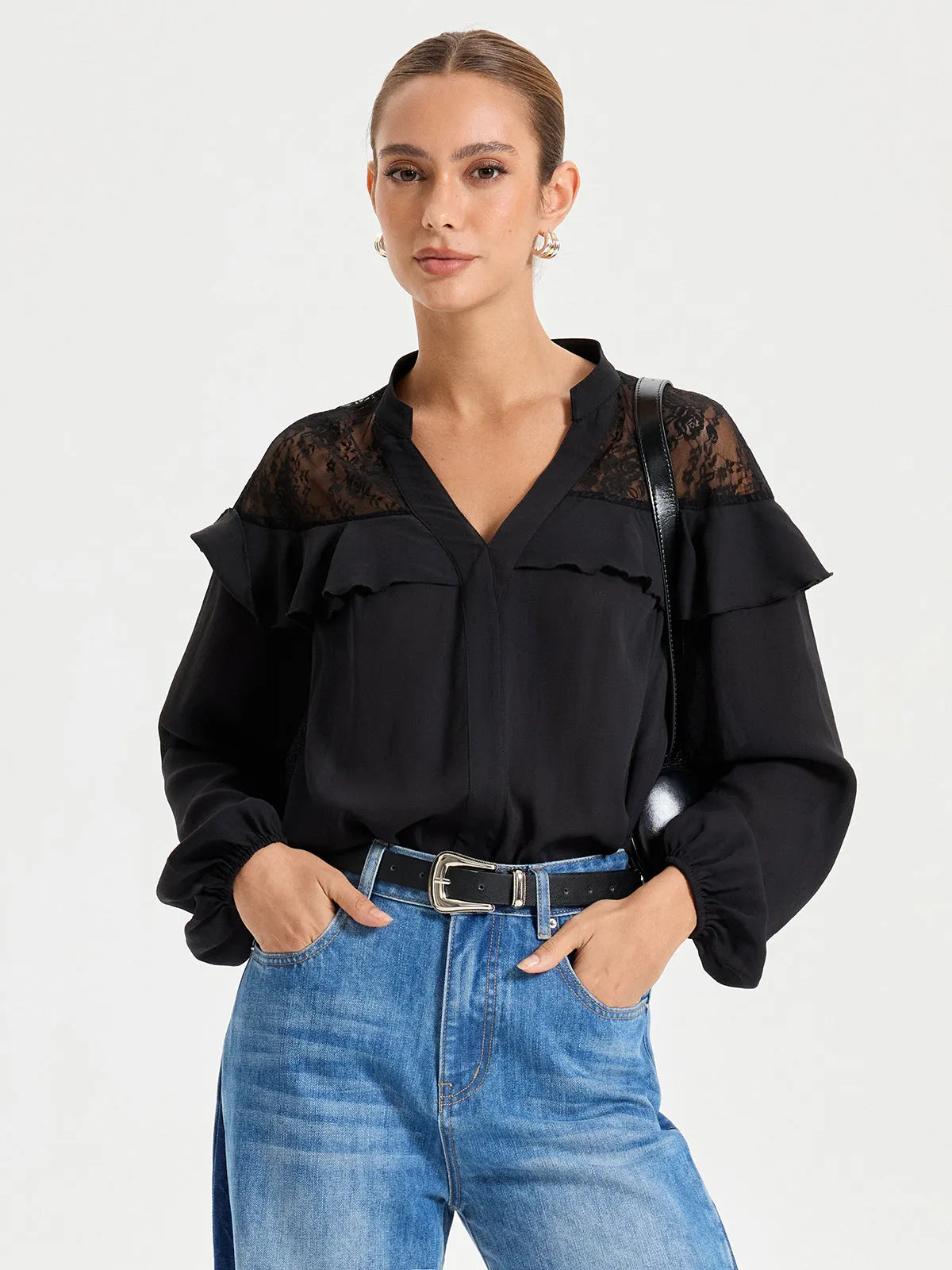 Black Lace Detailed Long Sleeve Blouse sold by COMMENSE