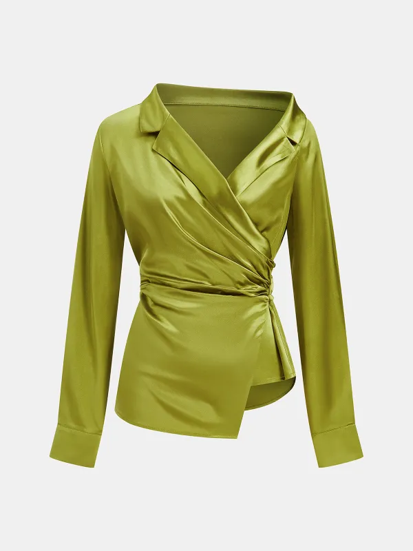 Satin Asymmetrical Collar Wrap Shirt with Side Buttons sold by COMMENSE