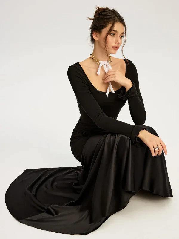 Satin Panel Jersey Sqaure Neck Long Dress sold by COMMENSE