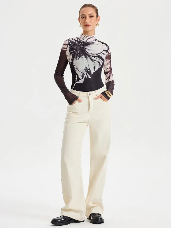 Floral Placement Print Mesh Bodysuit sold by COMMENSE