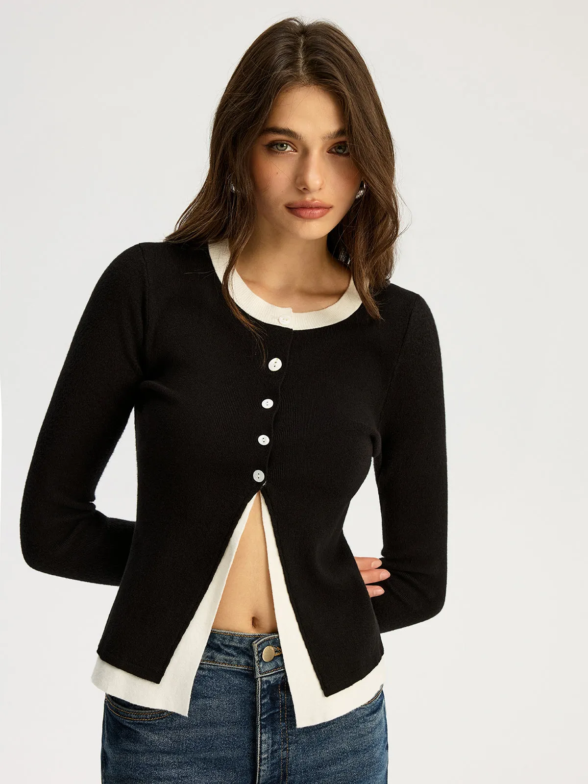 2 in 1 Contrast Trim Slit Knit Top sold by COMMENSE product image thumbnail 3