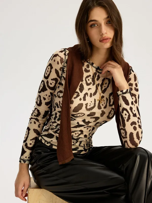 Leopard Print Mesh Long Sleeve Top sold by COMMENSE