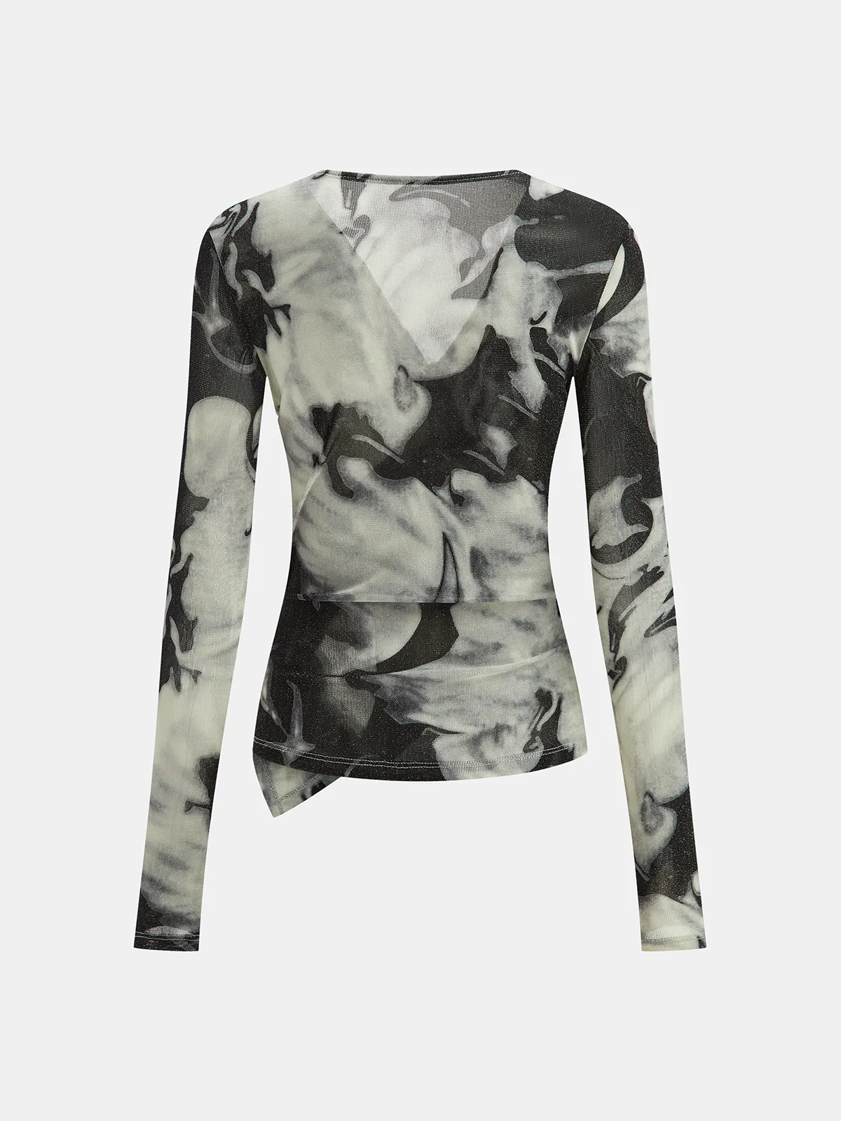 Semi-Sheer Long Sleeve Mesh Marble Print Wrap Blouse sold by COMMENSE product image thumbnail 2