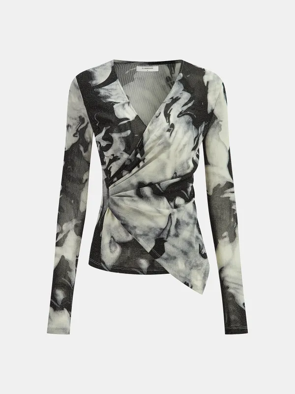 Semi-Sheer Long Sleeve Mesh Marble Print Wrap Blouse sold by COMMENSE