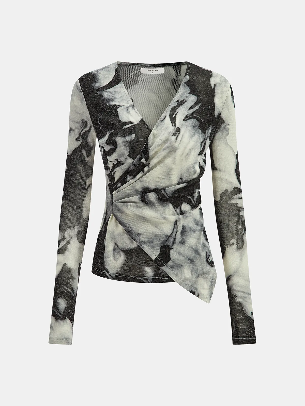Semi-Sheer Long Sleeve Mesh Marble Print Wrap Blouse sold by COMMENSE