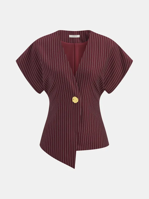 Striped V-Neck Blouse with Metal Button sold by COMMENSE