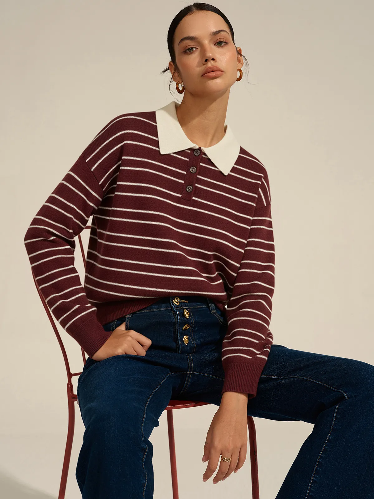 Striped Long Sleeved Knit Polo Top sold by COMMENSE