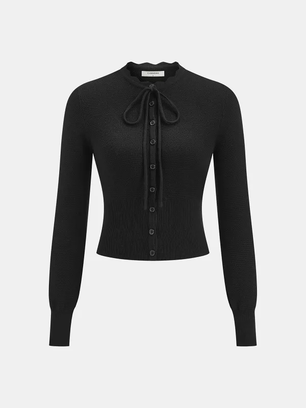 Tie Neck Button Fitted Cardigan sold by COMMENSE