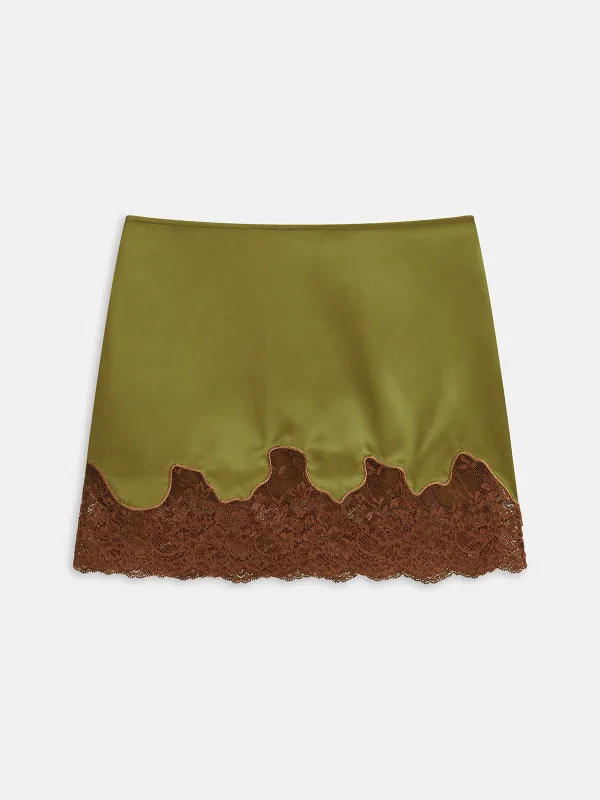 Lace Panel Satin Mini Skirt sold by COMMENSE