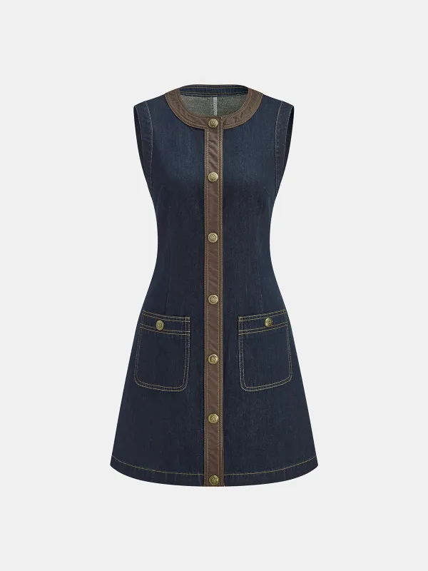 Contrast Trim Denim Sleeveless Mini Dress sold by COMMENSE