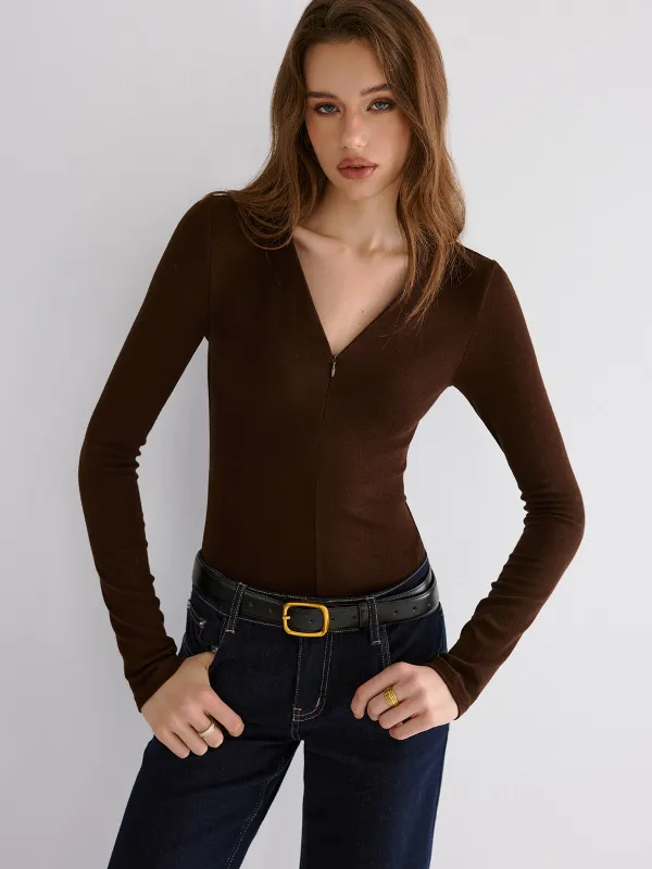 Minimal Zipper V-neck Long Sleeve Top sold by COMMENSE