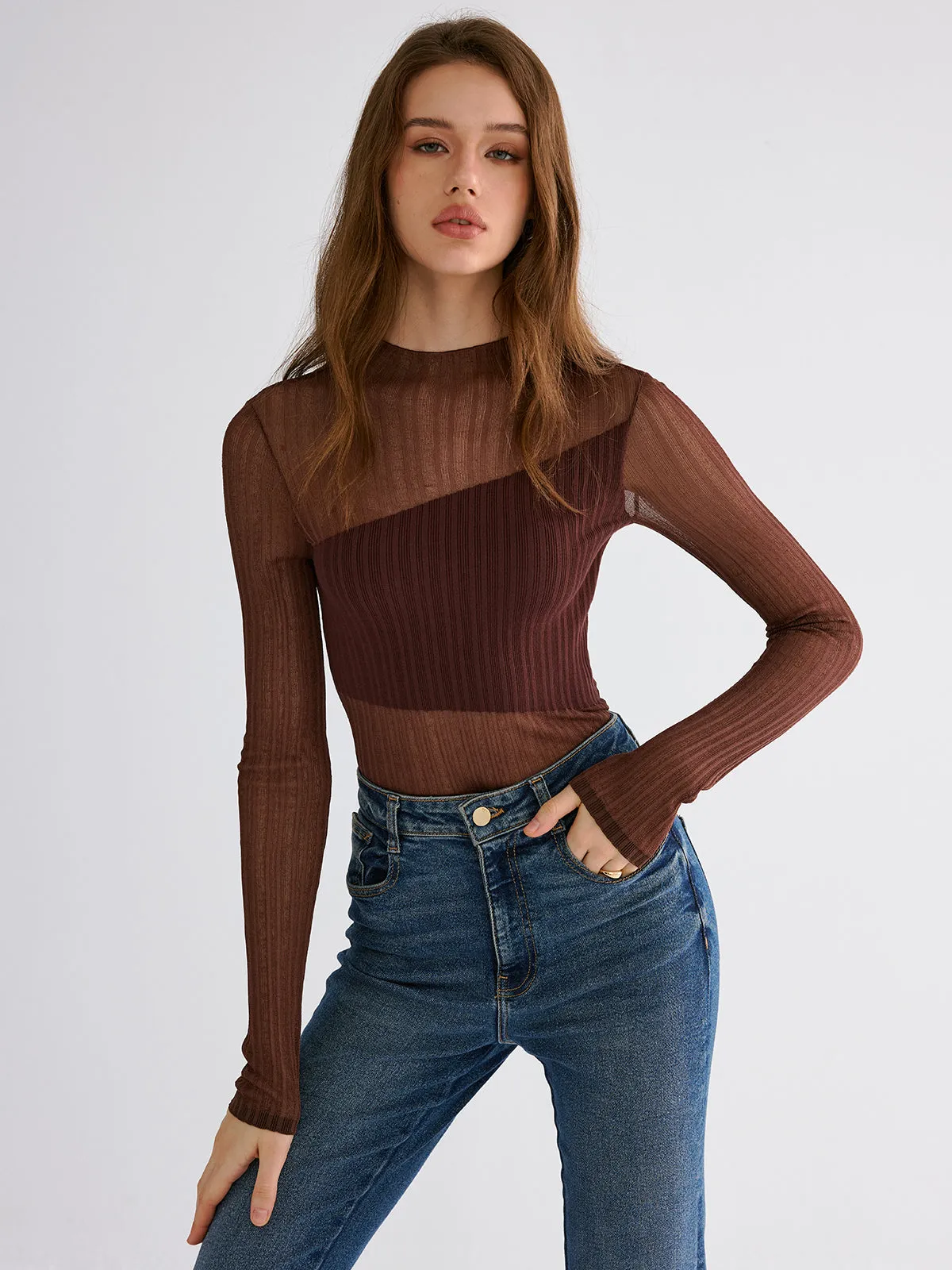 Mock Neck Contrast Mesh Top sold by COMMENSE