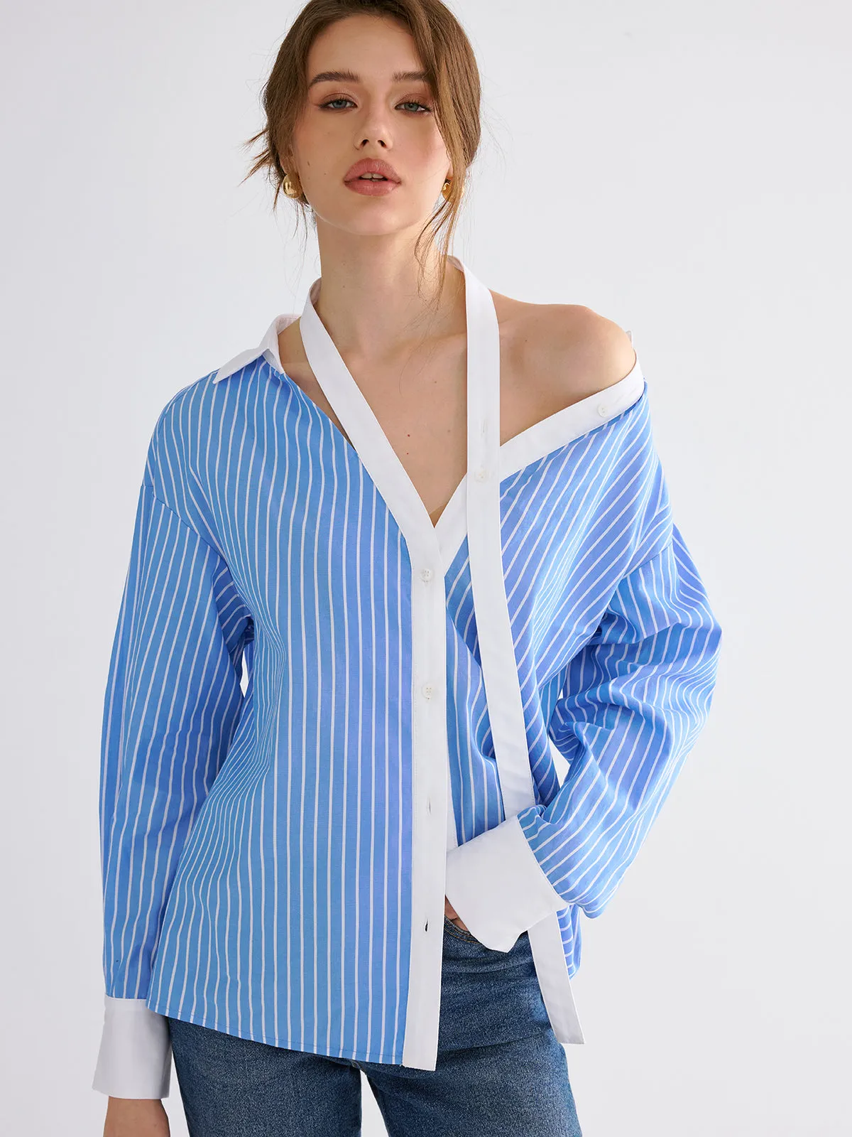 Striped Split-collar Shirt sold by COMMENSE