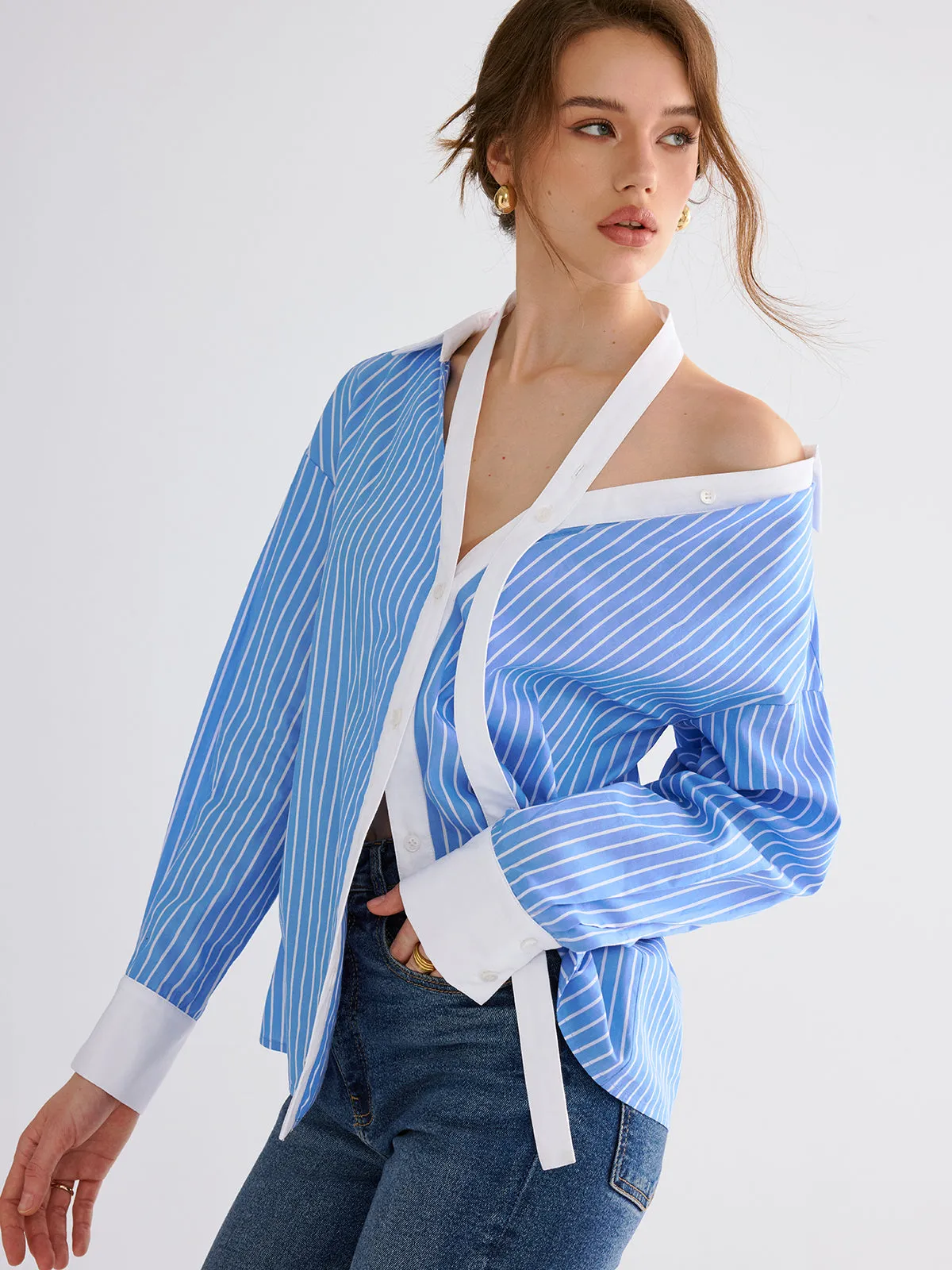 Striped Split-collar Shirt sold by COMMENSE product image thumbnail 2