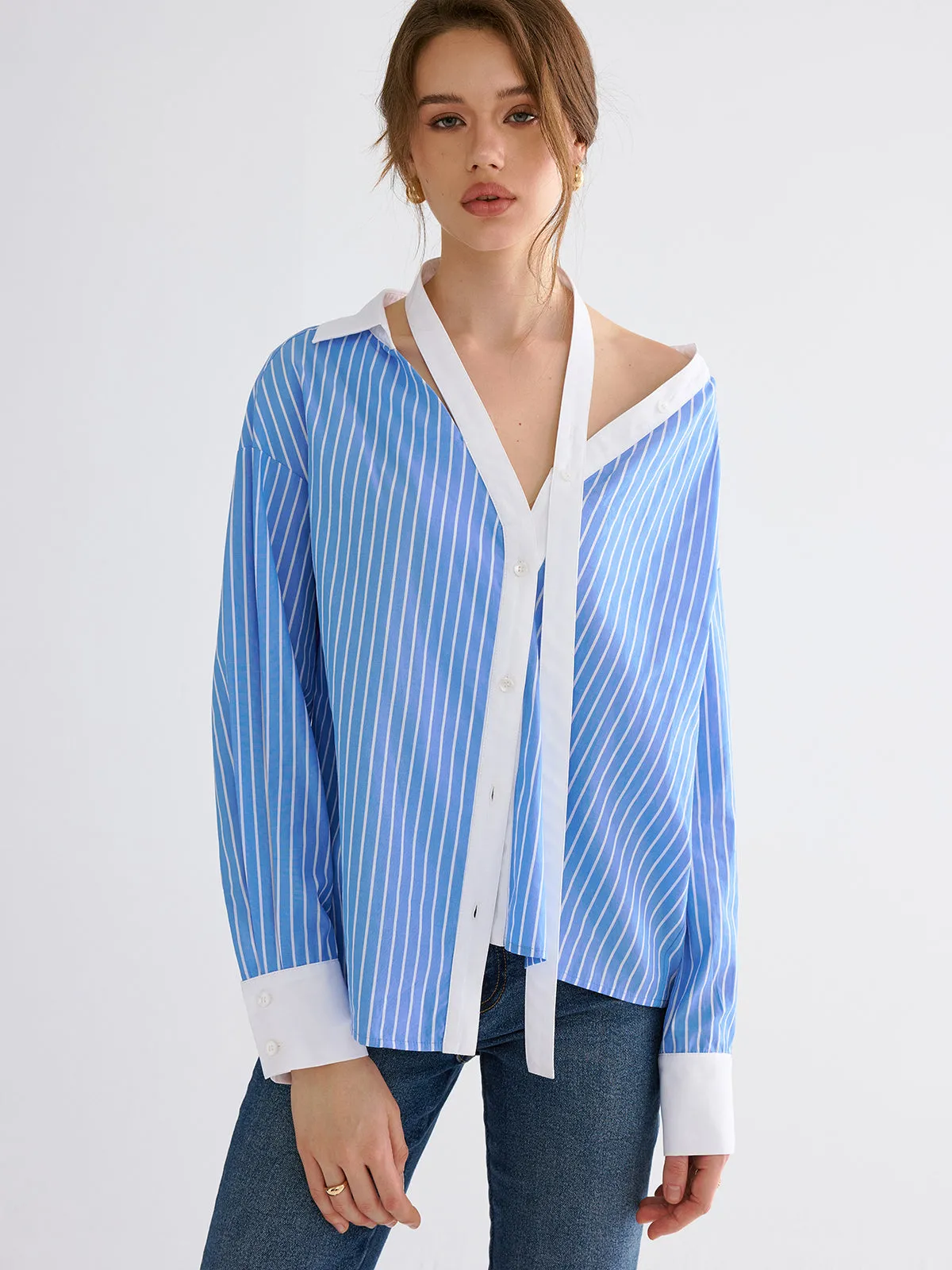 Striped Split-collar Shirt sold by COMMENSE product image thumbnail 3