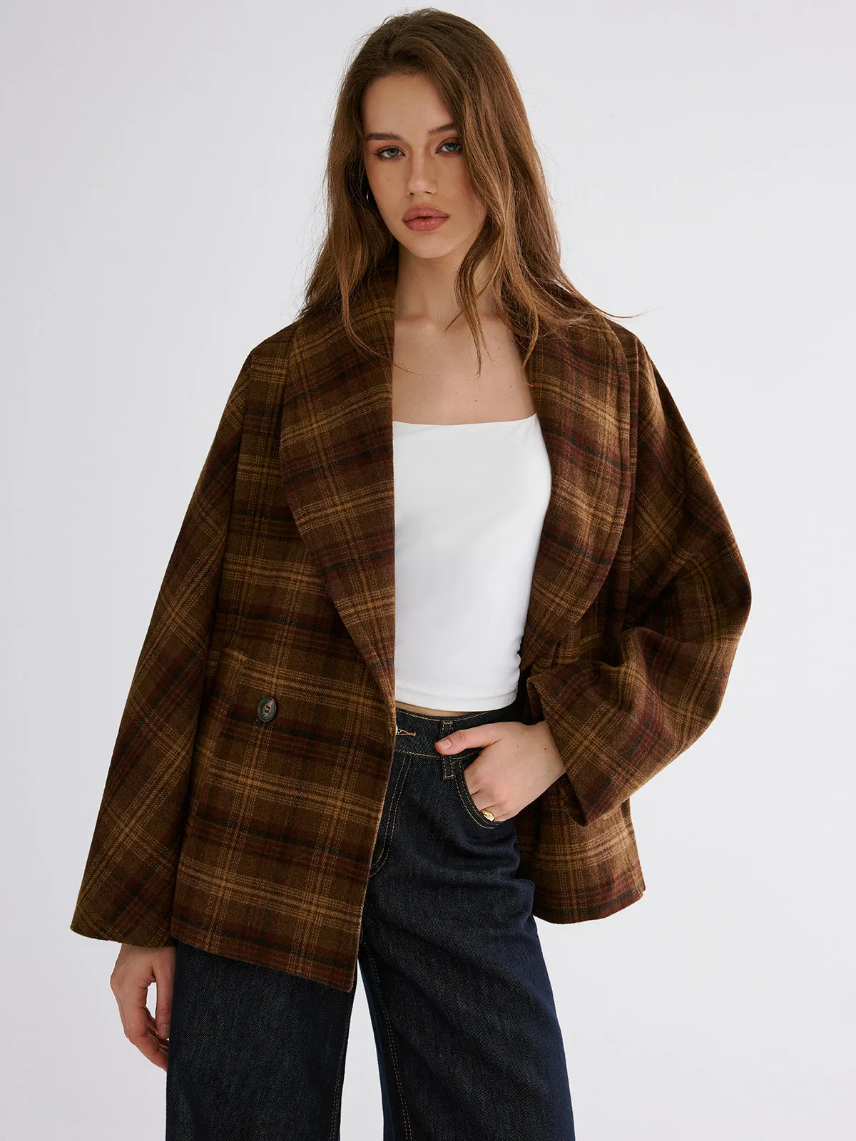 Wool-blend Gingham Loose Coat sold by COMMENSE product image thumbnail 5