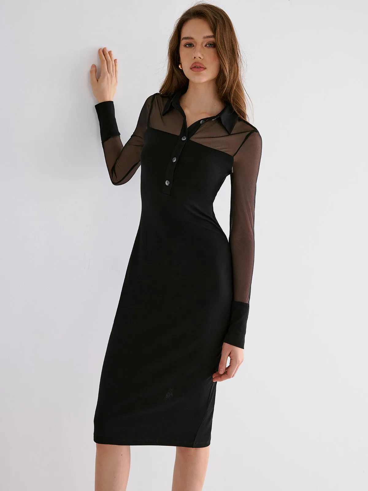 Contrast Mesh Collared Midi Dress sold by COMMENSE product image thumbnail 3