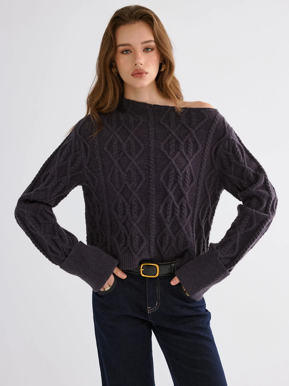Cable Knit Off-shoulder Sweater sold by COMMENSE product image thumbnail 4