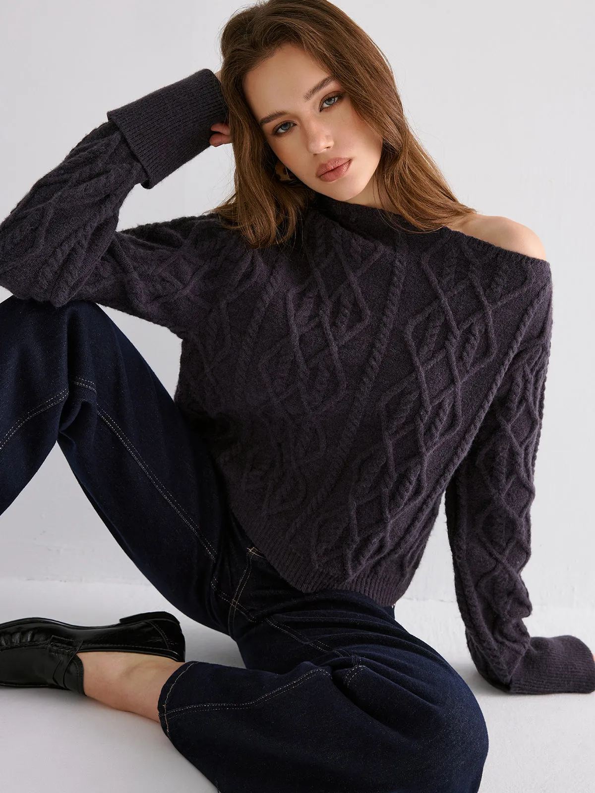 Cable Knit Off-shoulder Sweater sold by COMMENSE